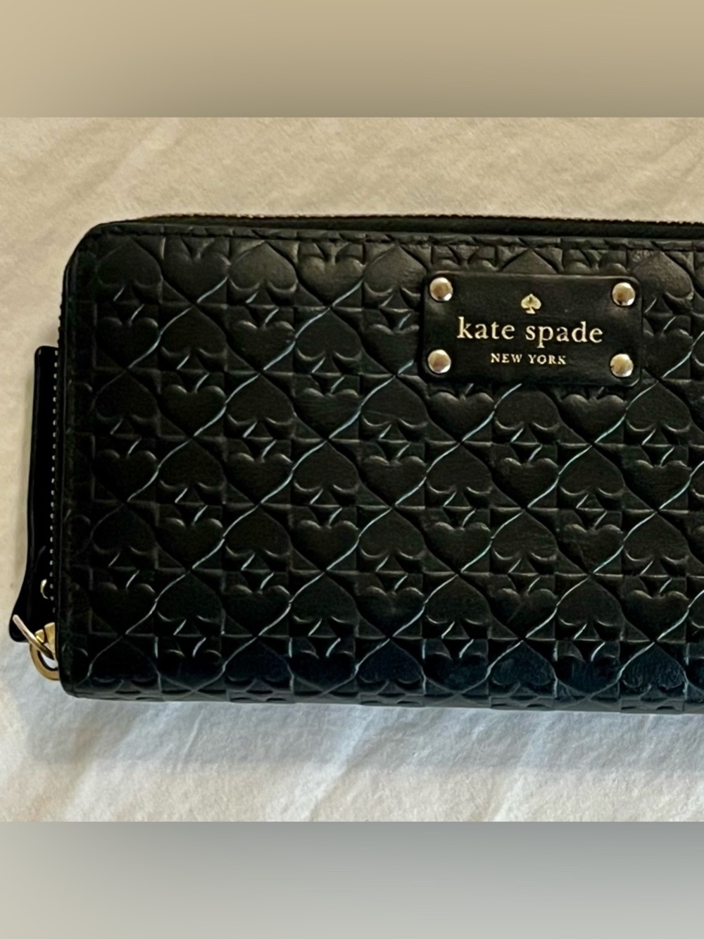 kate spade Embossed Heart-Pattern Black Leather Wallet with Logo Plate